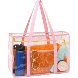 Clear Beach Bag for Women, Large Pool Tote Cruise Vacation Essentials - Zipper Closure, Waterproof, Sandproof (Pink)