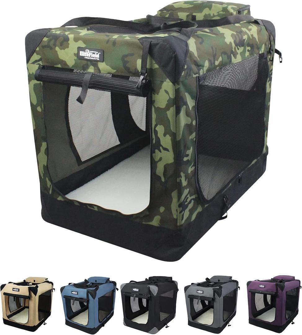EliteField 3-Door Folding Soft Dog Crate with Carrying Bag and Fleece Bed , Indoor & Outdoor Pet Home (24" L x 18" W x 21" H, Camo)