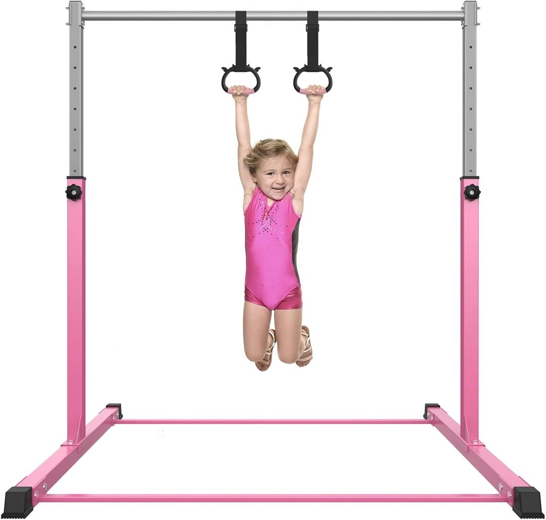 Safly Fun Gymnastics Bar for Kids Ages 3-15 for Home - Steady Steel Construction, Anti-Slip, Easy to Assemble, 3' to 5' Adjustable Height (Pink)
