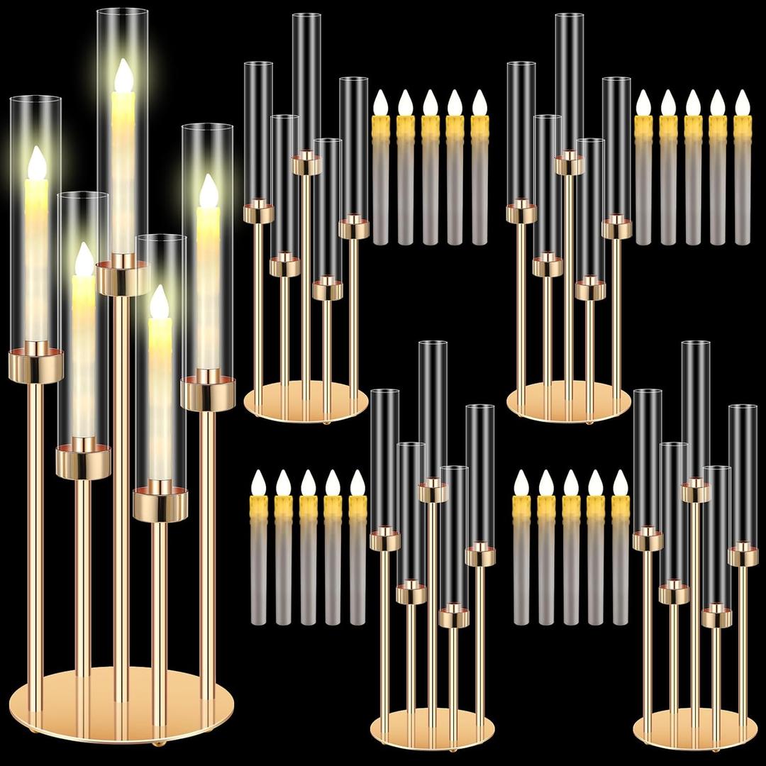 Tandefio 4 Set 5 Arm Gold Candelabra Table Centerpiece with LED Candle 26.8 Tall Acrylic Candle Holder with Lampshades Fit 0.8 for Wedding, Church Ceremony, Anniversary, Birthday, Dinner, Party