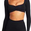 TZLDN Long Sleeve Workout Tops for Women Crop Tops with Built in Bra Padded Square Neck Yoga Athletic Gym Shirts Low Impact (Medium, Black)