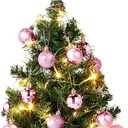 Sumind 24inch/2ft Tabletop Mini Christmas Tree Set with LED Lights, 24 Christmas Ball Ornaments, Pre-lit Small Artificial Green Tree Decoration for Xmas Table Indoor Holiday(Pink)