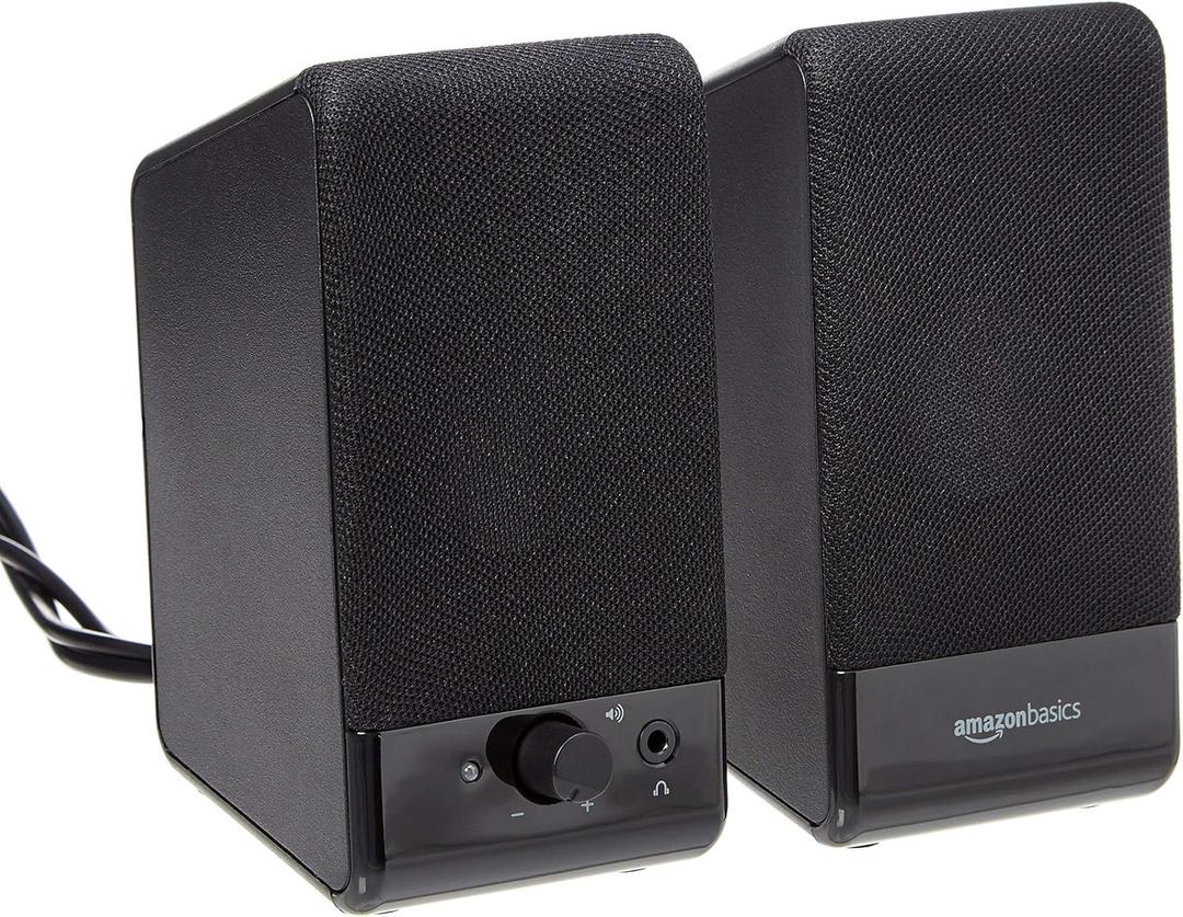 Amazon Basics USB-Powered Computer Speakers with Volume Control for Desktop or Laptop PC, Compact Size, Headphone Jack, Portable, Plug-N-Play, Black