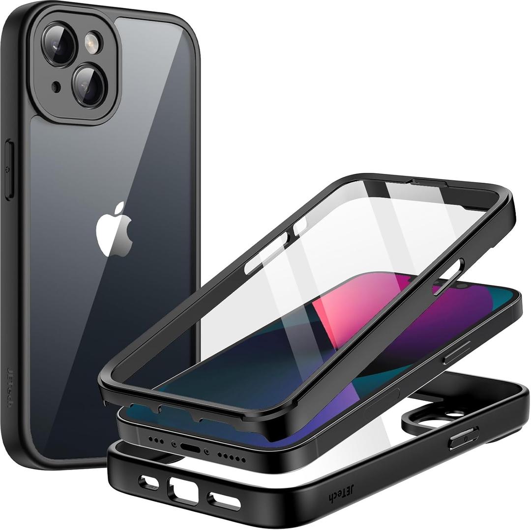JETech Case for iPhone 13 6.1-Inch with Built-in Tempered Glass Screen Protector, 360 Degree Full Body Heavy Duty Protection, Shockproof Rugged Phone Cover Clear Back (Black)