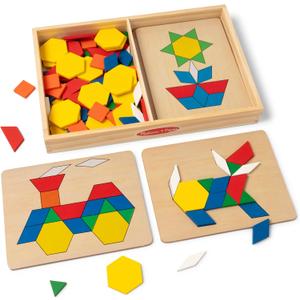 Melissa & Doug Pattern Blocks and Boards with 120 Multi-Colored Wooden Shape Tiles, 5 Double-Sided Puzzle Boards, Tangram Puzzles, Montessori Toys for Girls & Boys