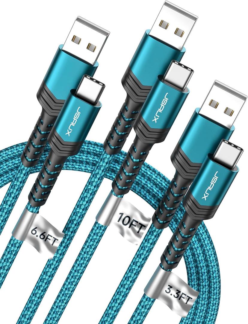 JSAUX USB C Cable Fast Charging, 3-Pack (10ft+6.6ft+3.3ft) USB A to Type C Charge Cord for iPhone 17/17 Pro/17 Pro Max, iPhone 16/16 Pro/16 Pro Max, Samsung S24 S22 S20 Note 20, USB C Charger(Green)