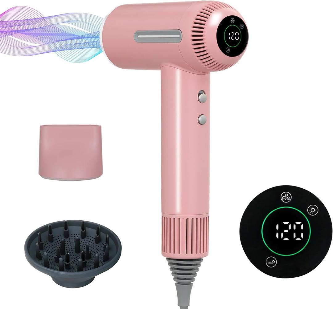 Hair Dryer,7 Temps&31 Modes.Intelligent Temperature Control,LCD Display,Self-Cleaning Mode,Facial Care Mode.1600W RPM Ionic Blow Dryer.Low Noise Thermo-Control Hair Dryer with Diffuser and Nozzle (Pink)