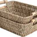 StorageWorks Hand-Woven Large Storage Baskets with Wooden Handles, Seagrass Wicker Baskets for Organizing, 2-Pack (Medium)