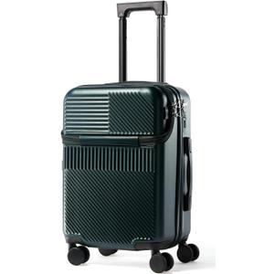 UrbanExplorer 20 Inch Carry-On Luggage with Front Opening, Cup Holder & USB Port, Lightweight ABS+PC Hardshell Spinner Suitcase, Airline Approved, 360 Wheels, Dark Green