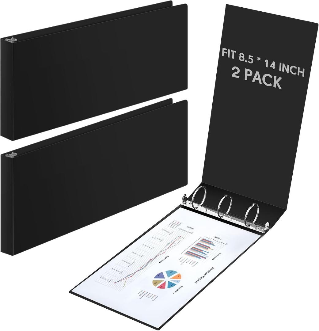 2 Pcs 8.5'' x 14'' Landscape 3 Ring Legal Size Binders 1 Inch Round Ring Binders Heavy Duty Economy Holds 8.5 '' x 14'' Paper for Artwork Blueprints, Office, Home, Work Places (Black)