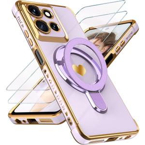for Motorola Moto G Power 5G 2025/2026 Love Heart Kickstand Case with Screen Protector: Luxury Plated Gold Edge Soft TPU Shockproof Protection Cover for Moto G Power 5G 2025/2026 (Purple)