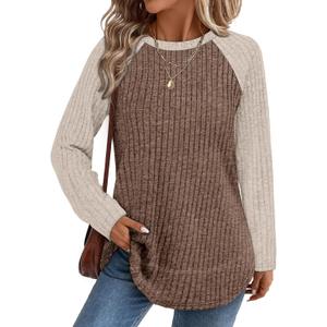 WIHOLL Long Sleeve Shirts for Women 2026 Fall Sweaters Lightweight Casual Tunic Tops Loose Fit Winter Clothing, Size 2XL (Paneled Apricot Brown)