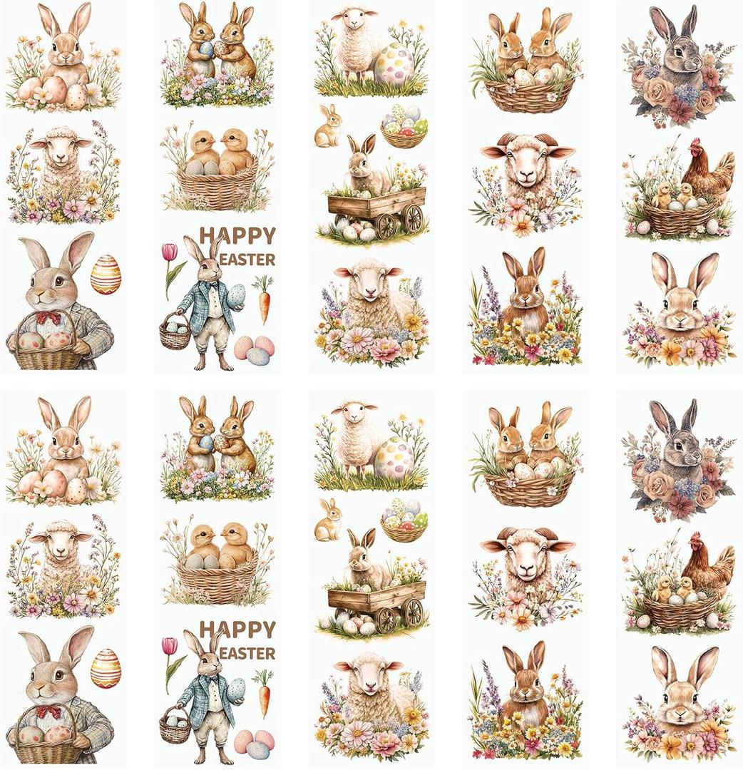 WANDIC 10 PCS Easter Animal Theme Rub On Transfer Sticker,Rabbit Sticker Sheep Decal for Present Packaging DIY Scrapbooking Albums Furniture,10 * 30cm