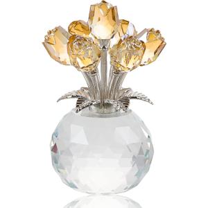Crystal Gold Rose Bouquet Figurine with Round Vase, Glass Rose Flower Romantic Gifts for Women Mom on Christmas, Collectible Decoration Table Centerpiece for Home