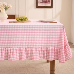 Romanstile Gingham Ruffled Tablecloth Rectangle - Waterproof Linen Cotton Checkered Table Cloth, Outdoor Plaid Table Cover for Picnic, Camping, Party - 60 x 120 Inch, Pink