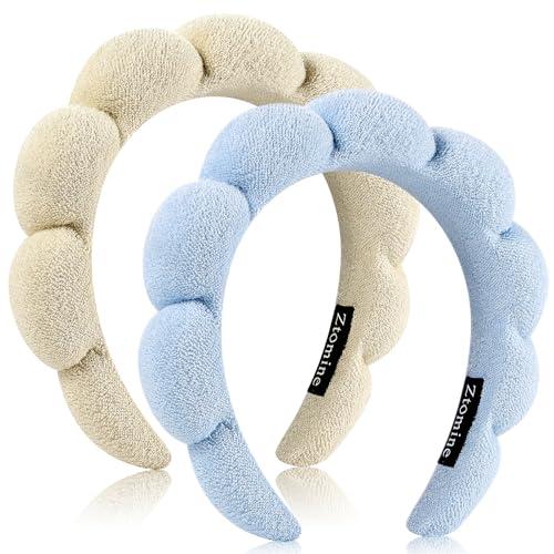 Ztomine Spa Terry Cloth Headband Combo Pack - 2 Puffy Makeup Facial Headbands for Face Washing and Masks (Beige + Blue)