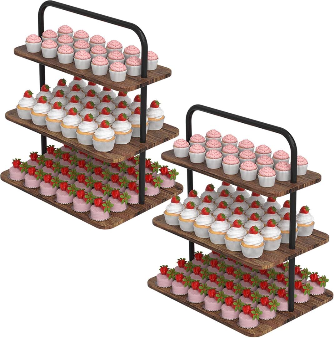 VyGrow Cupcake Stand, 3-Tier Dessert Stand for 52 Cupcakes, Wood & Metal Tower Display Premium Holder Dessert Tree Tower for Christmas Birthday Weddings Party Decor, Serving Tray, Wood Brown, 2-pack