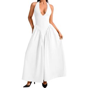 ChiaoLezhee Deep V Neck Dress, Halter Maxi Dresses, Vacation Date Night, Sexy for Women Corset Flowy Wedding Guest Drop Waist (Medium, White)