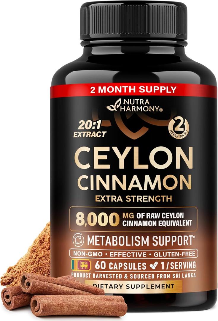 Ceylon Cinnamon Capsules - Extra Strength - Energy Heart & Metabolism Support for Men & Women - Pure Natural Cinnamon 20:1 Extract Supplement - GMO & Gluten Free - Made in USA - 60 Capsules 2 Month, Best By: 10/2027