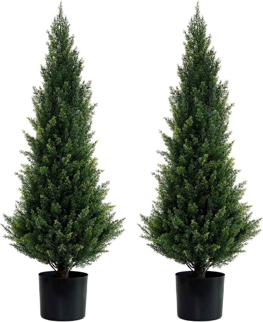 Artificial Topiary Cedar Trees Faux Pine Shrubs UV Resistant Artificial Bushes Artificial Plants for Indoor Outdoor Garden,3 Feet-2 Pack