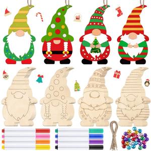 Censen 40 Sets Christmas Unfinished Wooden Gnome Ornaments Craft Kits to Paint DIY Include Blank Gnome Cutout Hanging Slices, Colored Marker, Bells for Kids Valentine's Xmas Tree All Festival