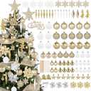 97 PCS Christmas Tree Decorations Set, Shatterproof Champagne Gold and White Christmas Balls Ornaments with Hanging Snowflakes Poinsettia Flowers Mesh Ribbon 100 LED Lights for Xmas Tree Holiday Decor