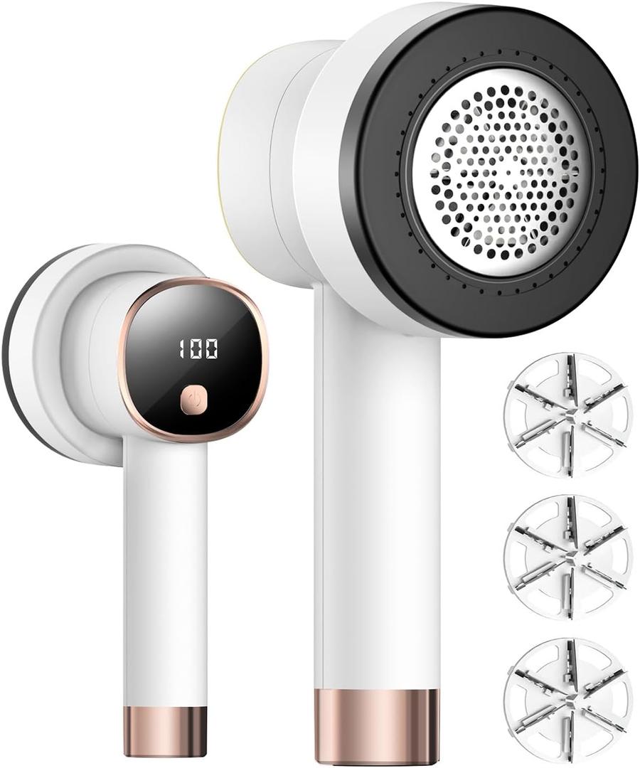 Fabric Shaver Lint Remover: Rechargeable Lint Shavers for Clothes with LED Display 3 Speeds and 6-Leaf Blades, Portable Electric Lint Shaver to Remove Fuzz Ball Pilling from Sweater Furniture (White)