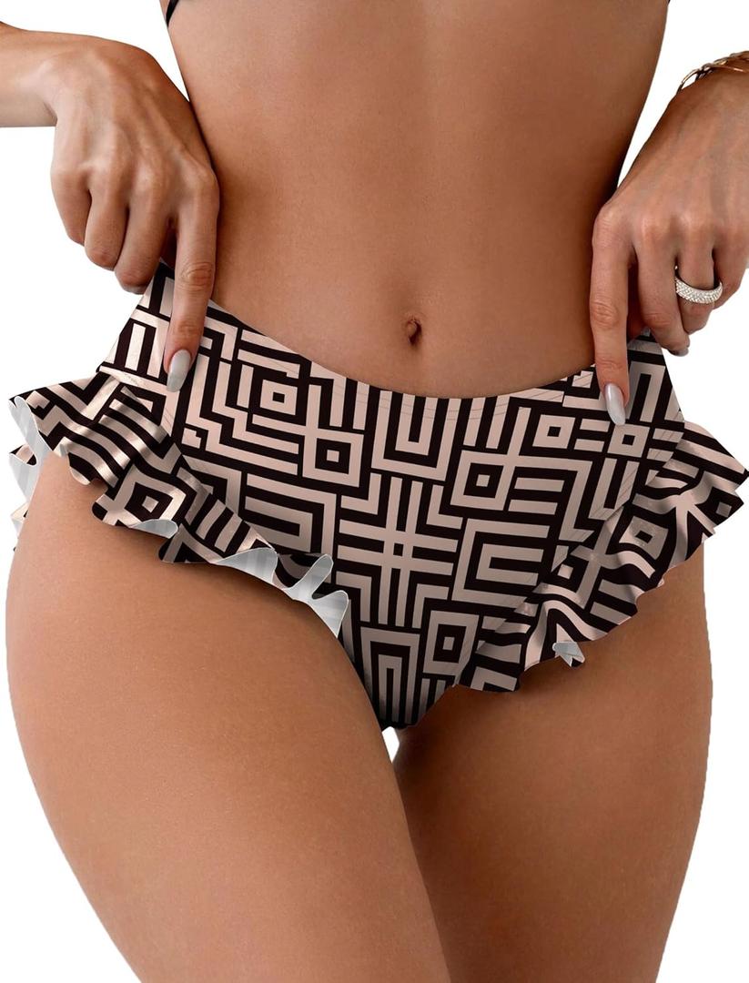 ZAFUL Women Mid Waist Bikini Bottoms Ruffles Full Coverage Swimsuit Bottom Swim Briefs Bathing Suit Bottoms (Medium, 0-khaki Maze) ZAFUL Women Mid Waist Bikini Bottoms Ruffles Full Coverage Swimsuit Bottom Swim Briefs Bathing Suit Bottoms (Medium, 0-khaki Maze)