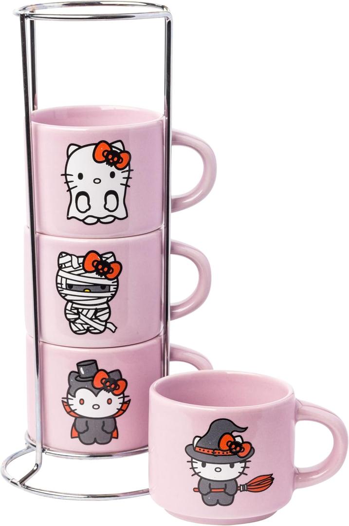 Silver Buffalo Sanrio Hello Kitty Halloween 4 Pack Stackable Ceramic Mug Set With Storage Rack, 3 Ounces