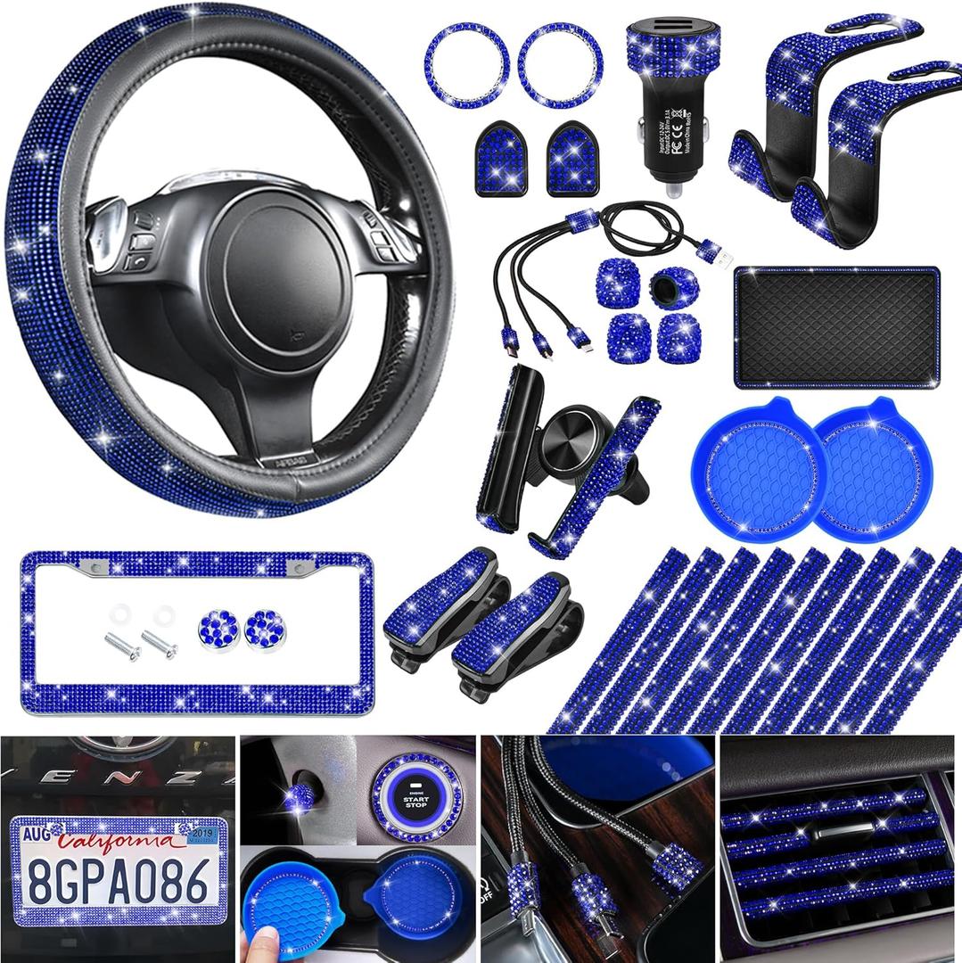 CAR PASS 30 PCS Bling Car Accessories Set for Women, Bling Steering Wheel Covers 15 Inch, Shining Rhinestone License Plate Frame, Sparkly Diamond Phone Holder, Cute Interior Set Decorations, Blue
