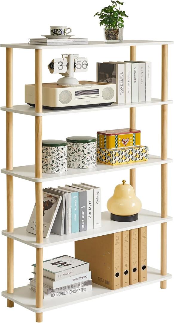 IBUYKE 5-Tier Wooden Open Bookcase - Modern Freestanding Bookshelf Storage Organizer,Standing Shelf Units,Multifunctional Display Stand for Bedroom, Living Room & Home Office,White WBC005W