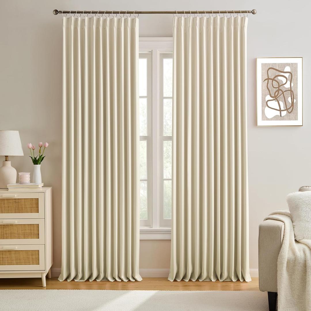 KEQIAOSUOCAI Cream Beige Curtains 72 inch Wide x 108 inch Long 2 Panels - Thermal Room Divider Curtains for Bedroom/Living Room/Patio, Wide Width Pinch Pleated Ceiling Track Curtain Panel with Hooks