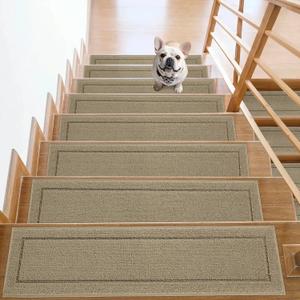 Non-Slip Stair Treads for Wooden Steps Indoor, 15 Pack 8" X 30" Edging Stair Rugs with TPE Backing, 0.4" Thick Carpet Stair Treads for Kids Elders & Pets, 100% Polyester Soft Stair Runners, Beige