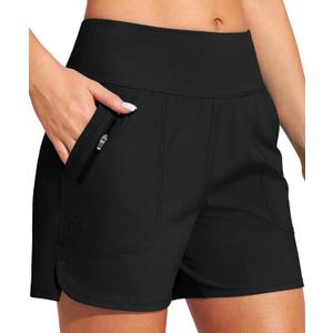 Heathyoga 5" Swim Board Shorts Women Strechy High Waisted Bathing Suits Bottoms Quick Dry UPF 50+ Beach Shorts with Liner (X-Large, Black)