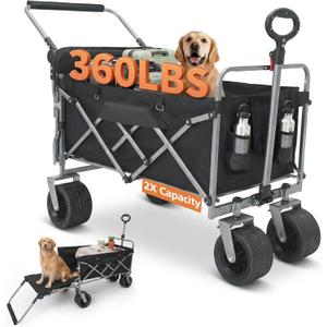Collapsible Push & Pull Wagon with Drop Down Tailgate, 360lbs Heavy Duty Folding Shopping Cart with Big Wheels & Brakes for Sports, Groceries, Camping