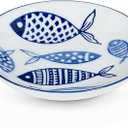 Abbott Collection Home and Kitchen Décor - Round Shallow Porcelain Serving Dish, 4" Diameter, White and Blue Fish Motif – Nautical Inspired Appetizer Plate, 2 Packs