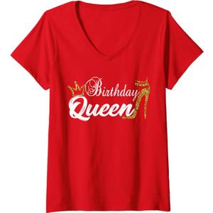 Womens Birthday Queen Happy Birthday Party Funny Shirt Gifts V-Neck T-Shirt (Red, S)