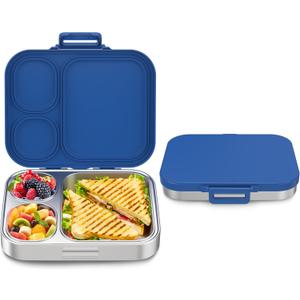 Stainless Steel Bento Box Kids, Leak Proof Metal Bento Lunch Box,3 Compartments 304 Stainless Steel Bento Lunch Containers for School and Office, BPA-Free(Blue)
