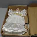 Angel Tree Topper with LED Light, 14" Angel Treetop Figurine with Dress, Feather Wings, and 10 Lights for Indoor and Outdoor Holiday Decoration, Xmas Home Ornaments-Ivory and Gold