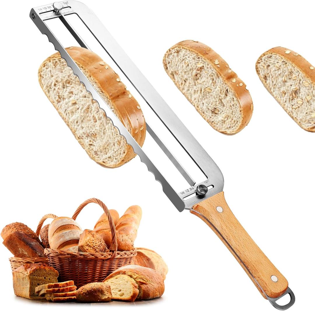 Adjustable Bread Slicer for Homemade Bread - Upgrade Manual Sourdough Bread Knife with Thickness Guide, Bread Bow Cutter with Stainless Steel Serrated Blade for Baguettes Bagels, Ideal Gift for Baker