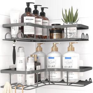 Corner Shower Caddy - 2 Pack, Adhesive Shower Organizers, Rustproof Stainless Steel Shower Shelves with 8 Hooks, No Drilling Bathroom Organizers and Storage Racks, Space-Saving, Grey, Large