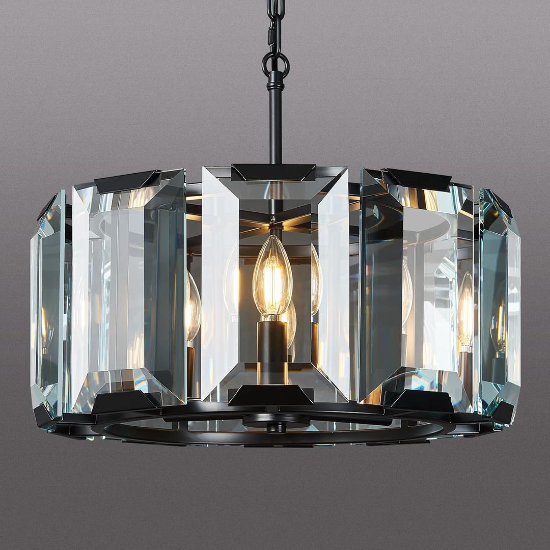 Black Modern Crystal Chandeliers Round Farmhouse Pendant Light Semi Flush Mount Ceiling Light Fixture for Bedroom Dining Room Kitchen Island Living Room Foyer Hallway(6-Light) (Round-17.71in)