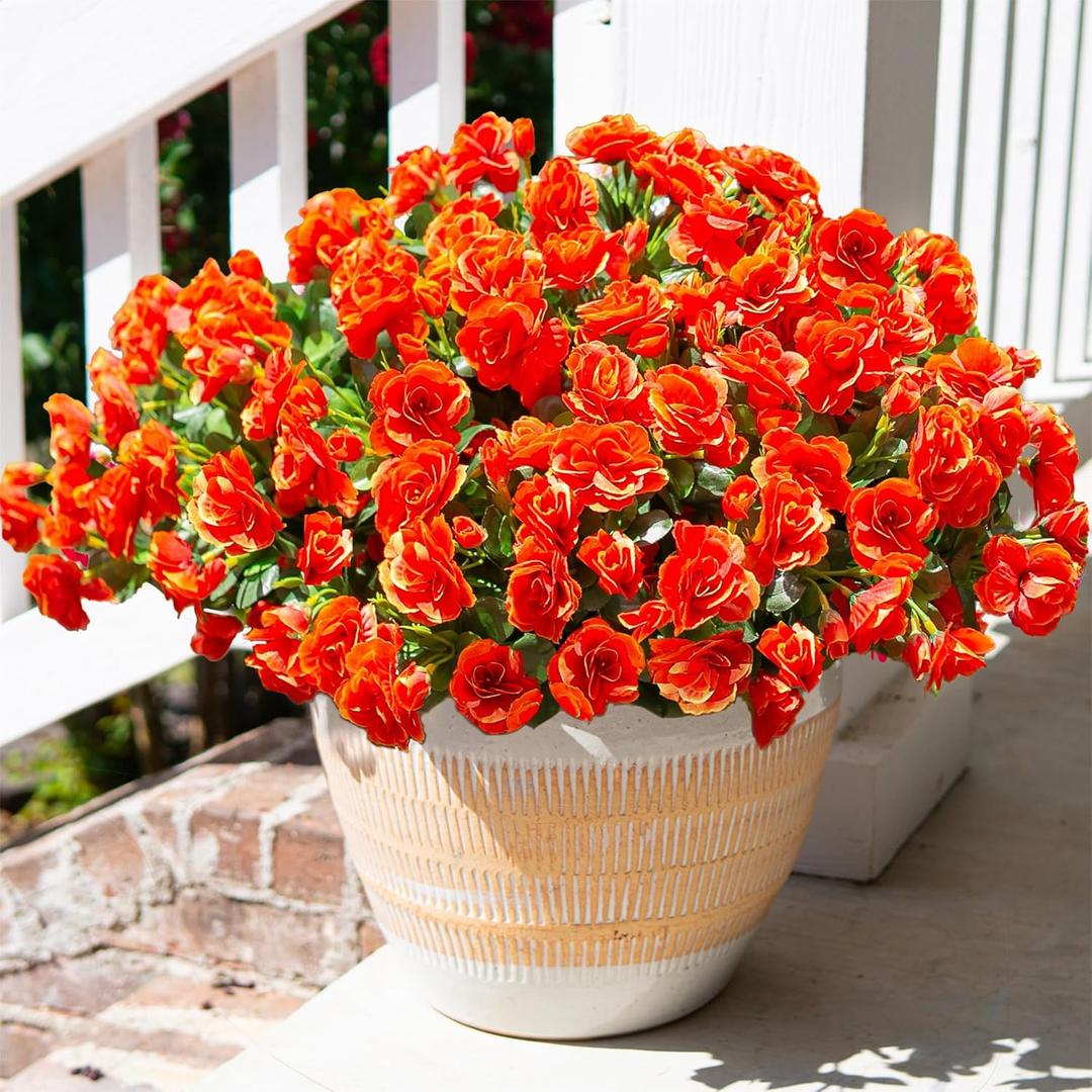 HyeFlora Artificial Faux Outdoor Outside Flowers Plants For Spring Decor, Fake Silk Orange Camellia UV Resistant Look Real for Autumn Planter Front Door Porch Patio Balcony Decoration, 3 Large Bundles