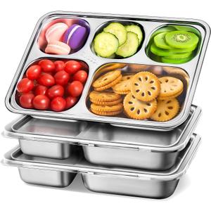 Stainless Steel Snack Containers with Plastic Lids - 3 Pack - 5 Compartments Bento Snack Boxes - Large Reusable Meal Prep for Kids Adult - Divided Food Storage Container for School, Lunch, Home Travel