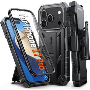 FNTCASE for iPhone 17 Pro Case: Military Grade Rugged Phone Cover with Kickstand & Holster | Shockproof TPU Protection Bumper Matte Textured Design | Heavy Duty Protector (Black)