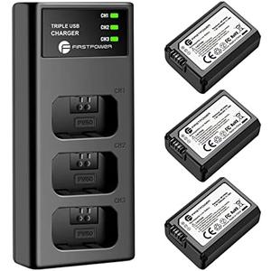 FirstPower NP-FW50 Battery 2-Pack and Triple Slot Charger for Sony Alpha A6000 A6300 A6400 A6500 A7 A7II A7RII A7SII A7S A7S2 A7R A7R2 A5100 A5000 RX10 RX10II ZV-E10
