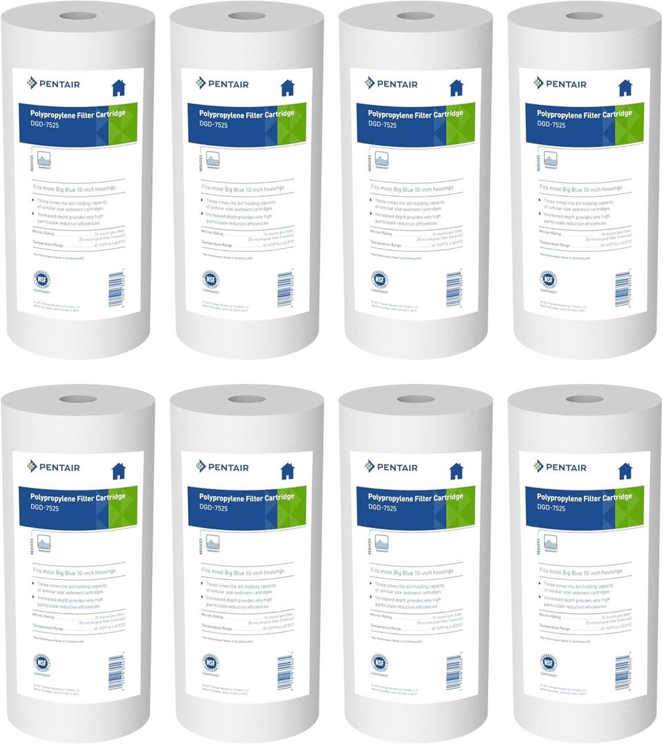Pentair Pentek DGD-7525 Big Blue Sediment Water Filter, 10-Inch, Whole House Dual-Gradient Density Spun Polypropylene Replacement Cartridge, 10" x 4.5", 25 Micron, Pack of 8