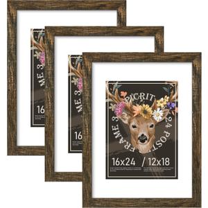 Picrit 16x24 Picture Frame 3 Pack, Brown Poster Frame, Display Poster 12 x 18 with Mat or 16 x 24 without Mat for Horizontal or Vertical Wall Mounting