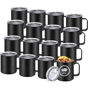YOUKE OLA 16 Pack Stainless Steel Insulated Coffee Mug Bulk with Handle & Lids, Powder Coated 12oz Vacuum Insulated Double Wall Mug for Laser Engrave, Black