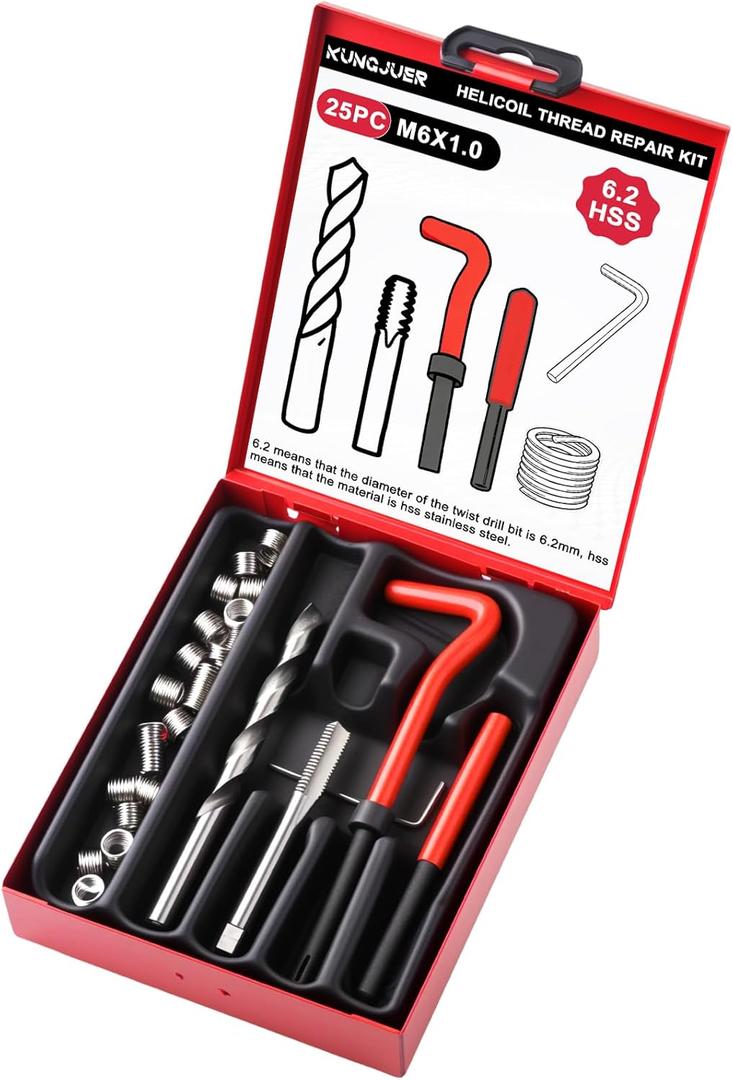 Metric Thread Repair Insert Kit, M6X1.0mm helicoil Thread Repair kit with HSS Drill Bits, Rethreading Inserts Tool Set for Damaged Thread Repairing with Carry Case